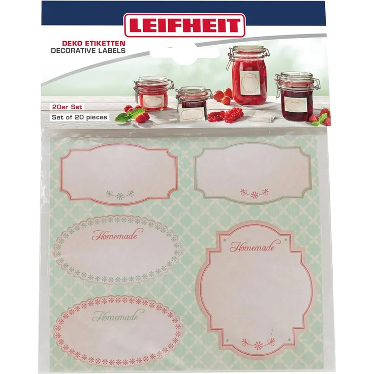 Leifheit Deko Etiketten Pastell, 20 selbstklebende Etiketten in 2 verschiedenen Formaten für große und kleine Gläser, zum Beschriften, dekorative Aufkleber für Selbstgemachtes und Eingemachtes – Bild 1