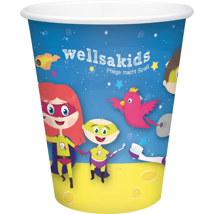 wellsamed 148681 100 Stück Einwegbecher Pappbecher Trinkbecher Becher Papierbecher Einweg Papier 0,18 Liter Motiv: wellsakids Kindermotiv, Polymerbeschichtet
