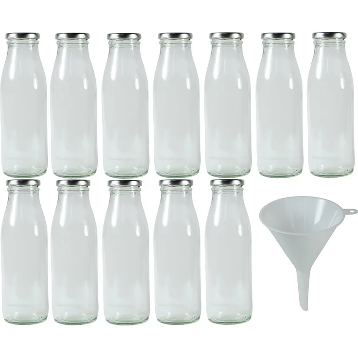 Viva Haushaltswaren #32992# 12 x Weithals-Glasflasche 500 ml mit silberfarbenem Schraubverschluss, als Milchflasche, Saftflasche & Smoothieflasche verwendbar (inkl. Trichter Ø 12 cm)