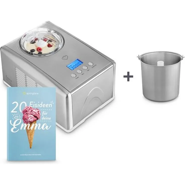Springlane Eismaschine mit Kompressor Emma, inkl. Rezeptheft, 1,5 l, 150 W, Silber + Zusatzbehälter Edelstahl