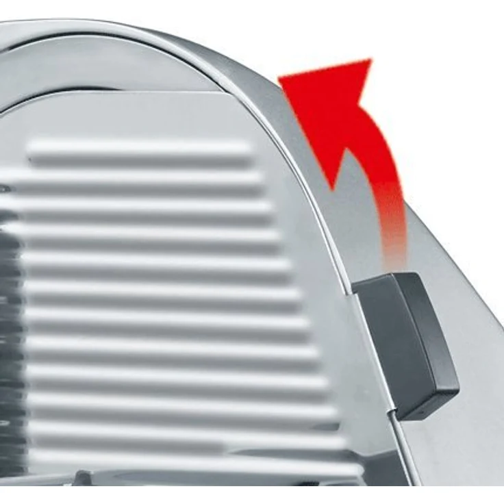 Graef M 90 EU Master Schneidemaschine aus Metall, freitragend, glattes Vollstahlmesser, 170W, Moment- und Dauerschalter, inkl. MiniSlice-Aufsatz, Edelstahltablett, Kippschneider 30°, 170 mm, glattes, durchgehärtetes Vollstahlmesser, silber – Bild 3