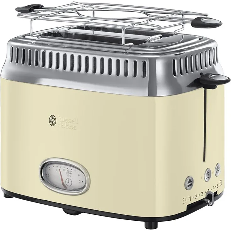Russell Hobbs Toaster Retro creme, Retro Countdown-Anzeige, inkl. Brötchenaufsatz, 6 einstellbare Bräunungsstufen + Auftau- & Aufwärmfunktion, Schnell-Toast-Technologie, 1300W, Vintage 21682-56