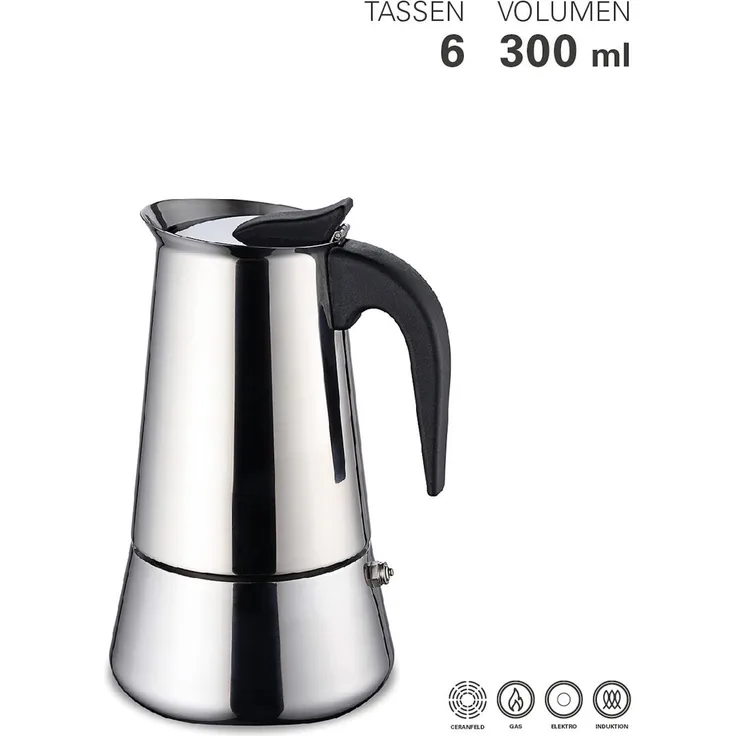Edelstahl Espressokocher 6 Tassen Mokkakanne Induktion Sicherheitsventil 300 ml
