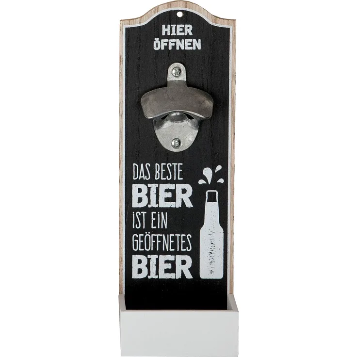GILDE Wand-Flaschenöffner Metallöffner Kronkorkensammler, Das beste Bier ist ein geöffnetes Bier, Höhe 30 cm, Schwarz-weiß, Holz