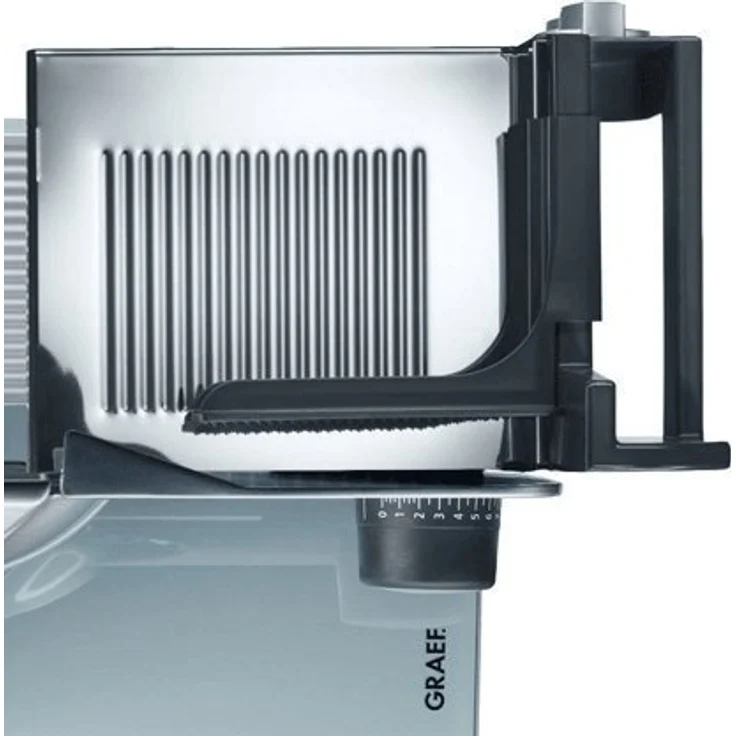 Graef M 90 EU Master Schneidemaschine aus Metall, freitragend, glattes Vollstahlmesser, 170W, Moment- und Dauerschalter, inkl. MiniSlice-Aufsatz, Edelstahltablett, Kippschneider 30°, 170 mm, glattes, durchgehärtetes Vollstahlmesser, silber – Bild 2