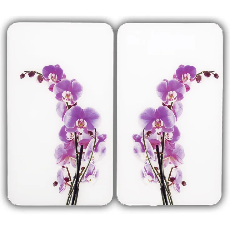 Wenko 2521433500 Herdabdeckplatte Universal Orchideenblüte - 2er Set, für alle Herdarten, Gehärtetes Glas, 30 x 1.8-4.5 x 52 cm, Mehrfarbig
