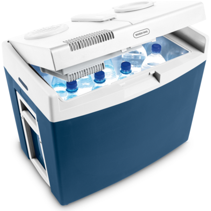 Mobicool MT35W thermoelektrische Kühlbox, Heizbox mit Rollen und Griff, 34 Liter, 12 V und 230 V für Auto, Lkw und Steckdose, Energieeffizienzklasse F, blau