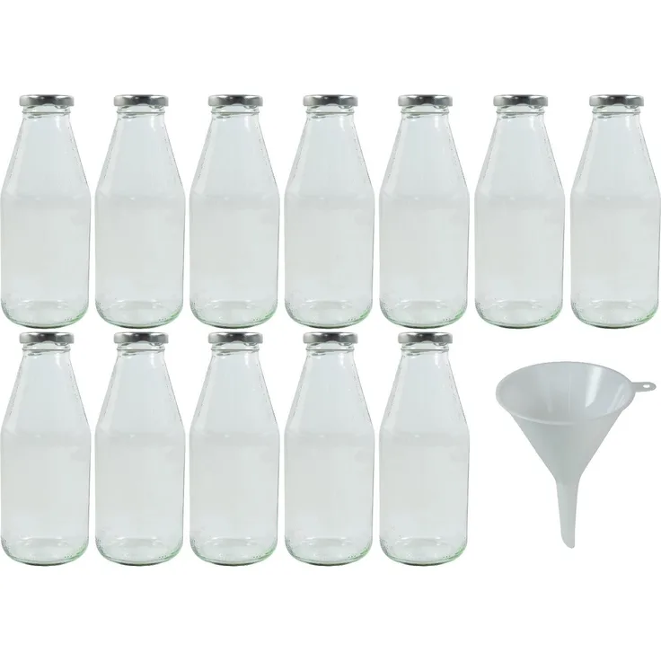 mikken 12 x Glasflasche 500 ml, Flasche mit Schraubverschluss Silber inkl. Trichter