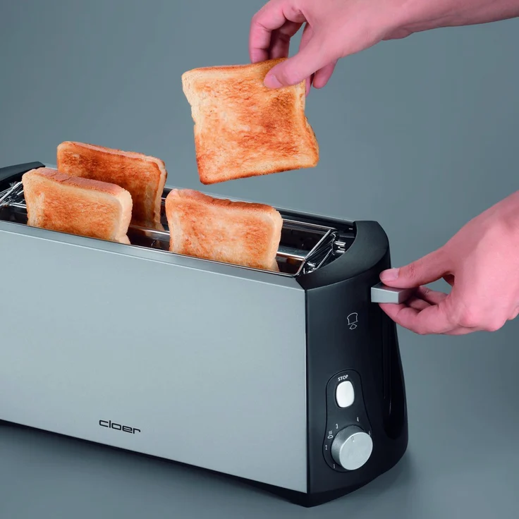 Cloer 3710 Langschlitztoaster für 4 Toastscheiben - 1380 W - integrierter Brötchenaufsatz - Nachhebevorrichtung - Krümelschublade - mattiertes wärmeisoliertes Metallgehäuse – Bild 9