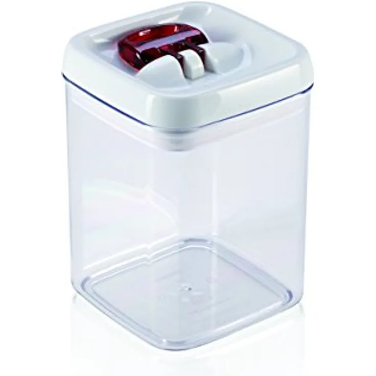 Leifheit Fresh and Easy Vorratsbehälter 1, 6L, eckig, luft- und wasserdichte Vorratsdose mit patentierter Einhand-Bedienung, Frischhaltedose, stapelbare Aufbewahrungsboxen, transparent, rot