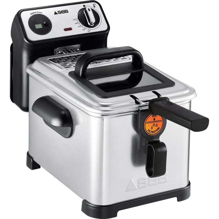 SEB Fritteuse Semi Tefal FR501000 Family Pro 3L Kaltzone + Bullauge + Digitaler Timer + regelbarer Thermostat, 2400 W, 3 Liter, Schwarz, Edelstahl 4 l Digitaler Timer silber