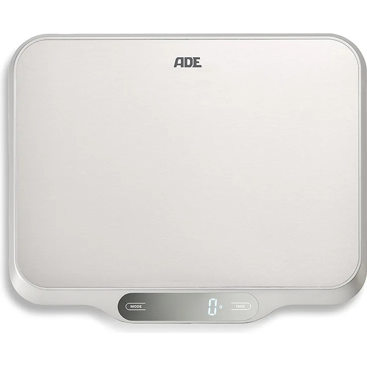 ADE Digitale Küchenwaage KE 1601 Ladina. Elektronische Waage mit XXL Wiegefläche aus Edelstahl für präzises Wiegen bis 15 kg. Mit Zuwiegefunktion (Tara), Auto-Hold. Inkl. Batterie. Silber