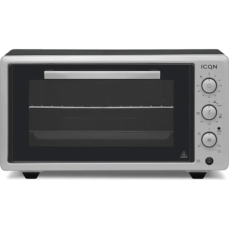 ICQN Minibackofen mit Umluft 50 Liter LED-Anzeige 90 Min Timer Pizza-Ofen Mini Ofen Innenbeleuchtung Doppelverglasung Turbolüfter Drehspie 