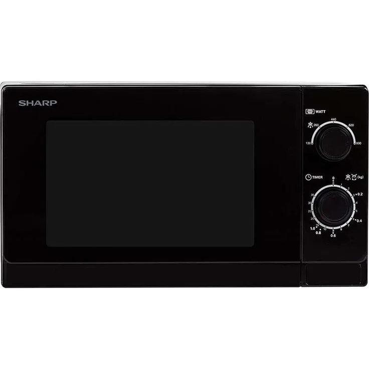Sharp R200BKW Mikrowelle, Standgerät, 20 Liter Garraum, 800 Watt, 5 Leistungsstufen, Timer von 35 Minuten bis 00 Sekunden, gewichtgesteuertes Auftauen, Energiesparmodus, Glasdrehteller 25,5 cm, schwarz