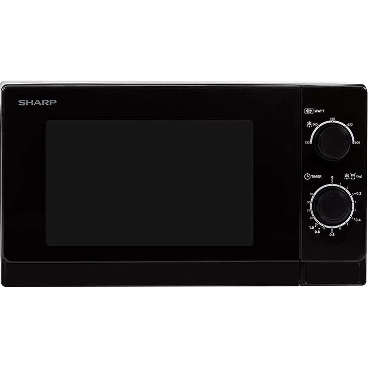 Sharp R200BKW Mikrowelle, Standgerät, 20 Liter Garraum, 800 Watt, 5 Leistungsstufen, Timer von 35 Minuten bis 00 Sekunden, gewichtgesteuertes Auftauen, Energiesparmodus, Glasdrehteller 25,5 cm, schwarz – Bild 1