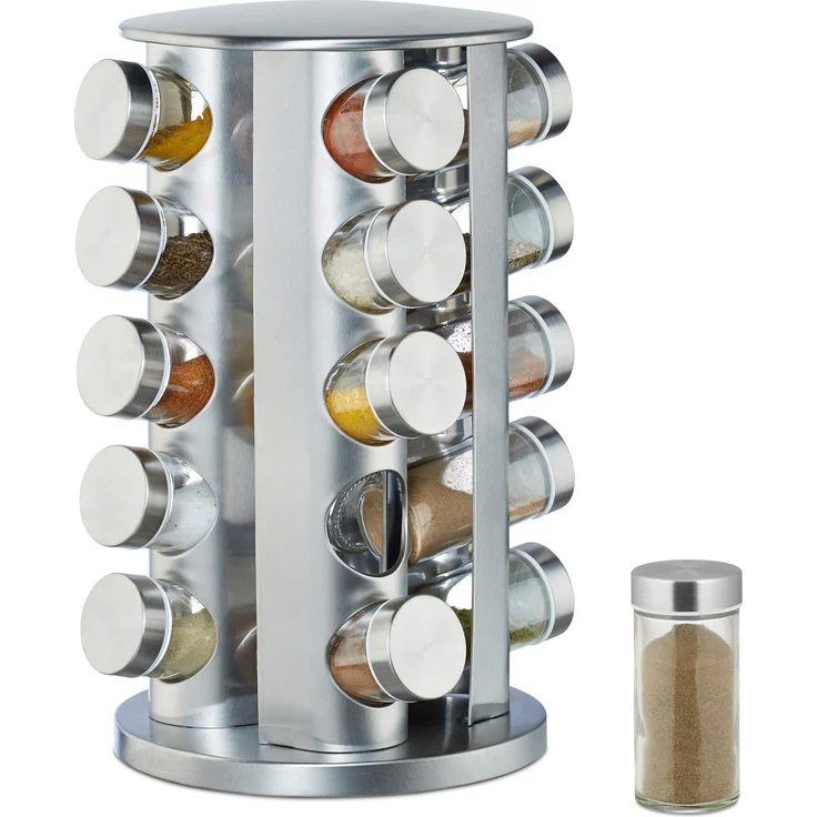 Relaxdays 10026458 Gewürzkarussell mit 20 Gewürzgläsern, 360° drehbar, Gewürzdosen zum Streuen, 34,5 cm hoch, Edelstahl, Silber, Stahl