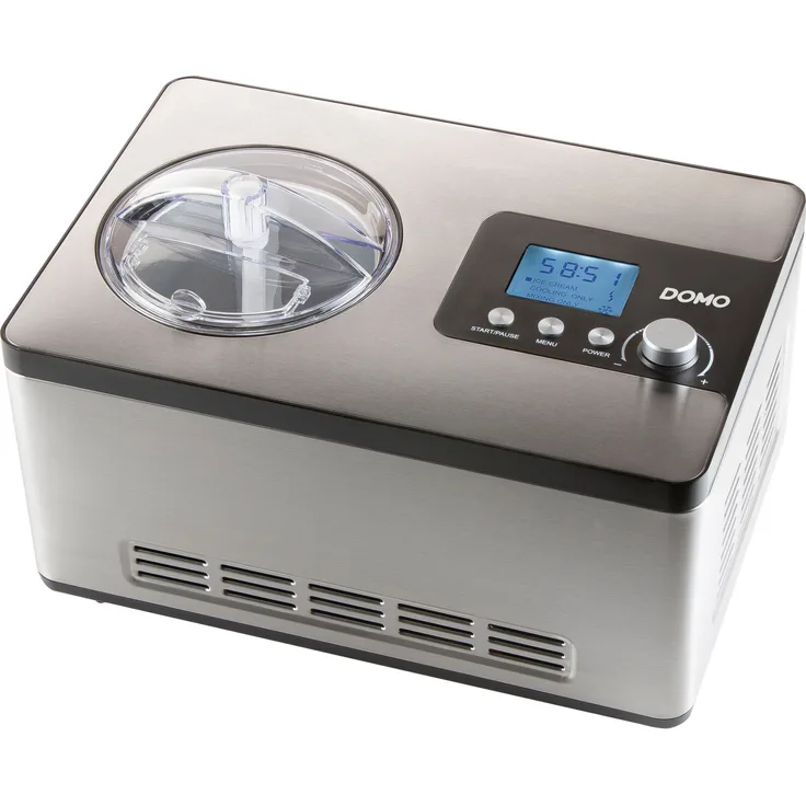 Domo Eismaschine DO9207I, 180W, für Sorbet, Eis und Frozen Yoghurt, 2 L Behälter, LCD-Anzeige, Timer, inkl. Eisportionierer und Messbecher,edelstahl