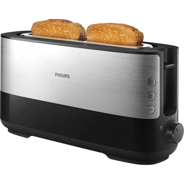 Philips Langschlitztoaster (Edelstahl) 8 Bräunungsstufen, Brötchenaufsatz, 950 Watt, schwarz HD2692-90