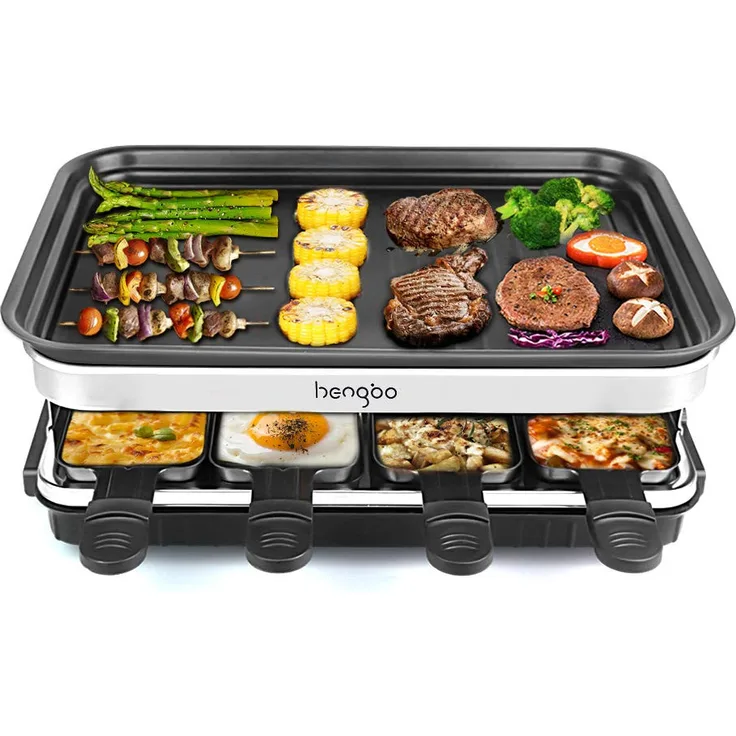 HengBO Raclette, 1500W, für 8 Personen, thermostatische Temperaturregelung, schwarz