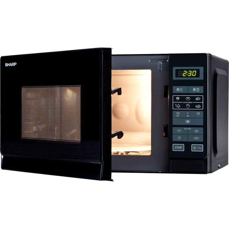 Sharp R242BKW Mikrowelle, Standgerät, 20 Liter Garraum, 800 Watt, 5 Leistungsstufen, 8 Automatikprogramme, Kindersicherung, Energiesparmodus, Glasdrehteller 25,5 cm, schwarz – Bild 2