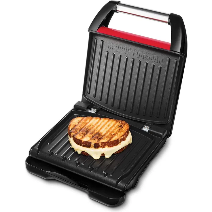 George Foreman 25030-56 Fitnessgrill Steel Compact, Kontaktgrill, Panini- und Sandwichgrill, 24 x 17 cm große Grillfläche für bis zu 3 Portionen, rot