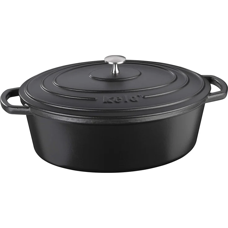 Kela 12473 Bräter mit Deckel, Gusseisen, le-Beschichtung, Hohe Wärmespeicherung, Induktionsgeeignet, 6,5 L, Schwarz, Oval, Calido – Bild 1