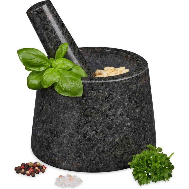 Relaxdays Mörser mit Stößel, Granit, poliert, langlebig, für Gewürze und Kräuter, Steinmörser D: 13,5 cm, dunkelgrau – Bild 1