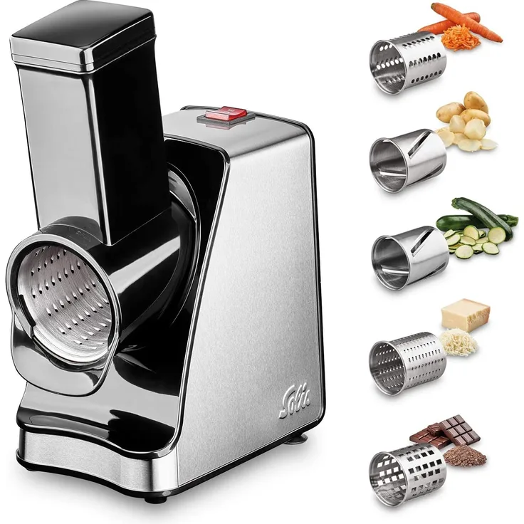 Solis Elektrische Multiraffel- Schneidemaschine mit 5 Schneidetrommeln, Schneiden- Reiben- Raspeln- Mahlen, 350 Watt, Edelstahl-Kunststoff, Slice & More (Type 8401)