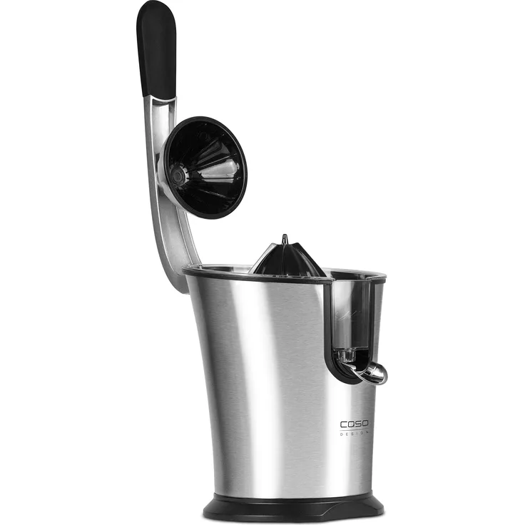 CASO CP 300 Design-Zitruspresse, elektrische und kraftvolle Zitronenpresse mit Universal-Presskegel f. alle gängigen Zitrusfrüchte, 160 Watt, Tropf-Stopp, Edelstahlsiebeinsatz, Hebel-Pressarm