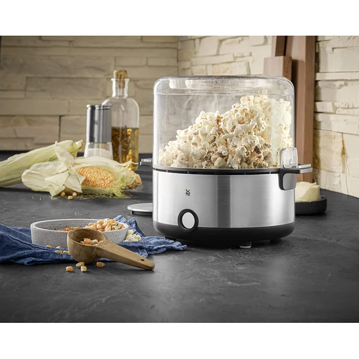 WMF KÜCHENminis Popcornmaschine für zuhause, Popcorn Maker, beschichtete Heizplatte, Deckel als Servierschale, Butterschmelzöffung, Popkorn mit Zucker und Salz, platzsparend, edelstahl matt – Bild 2
