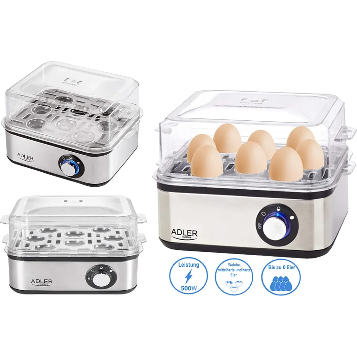 Adler Elektrischer Eierkocher | 1-8 Eier | Eier 500 Watt | Edelstahlheizplatte | Automatische Abschaltung | Kontrollleuchte | Überhitzungsschutz | Eier Kocher | Egg Cooker | – Bild 1
