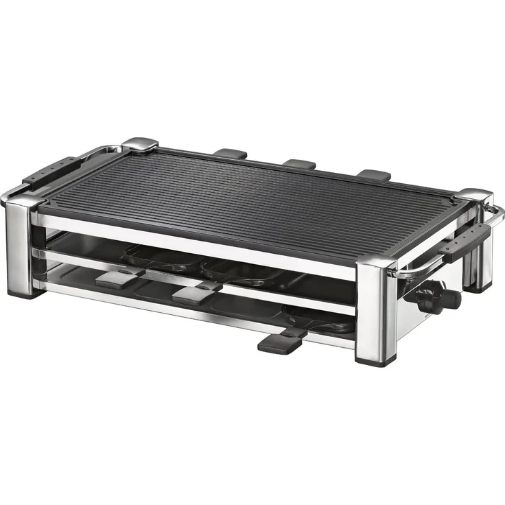 Rommelsbacher RCC 1500 Raclette-Grill extra langes Kabel 2m, Tischgrill für 8 Personen, gerippte Alu-Druckguss-Grillplatte, Xylan Plus Antihaftbeschichtung, Parkdeck, 1500 W chrom
