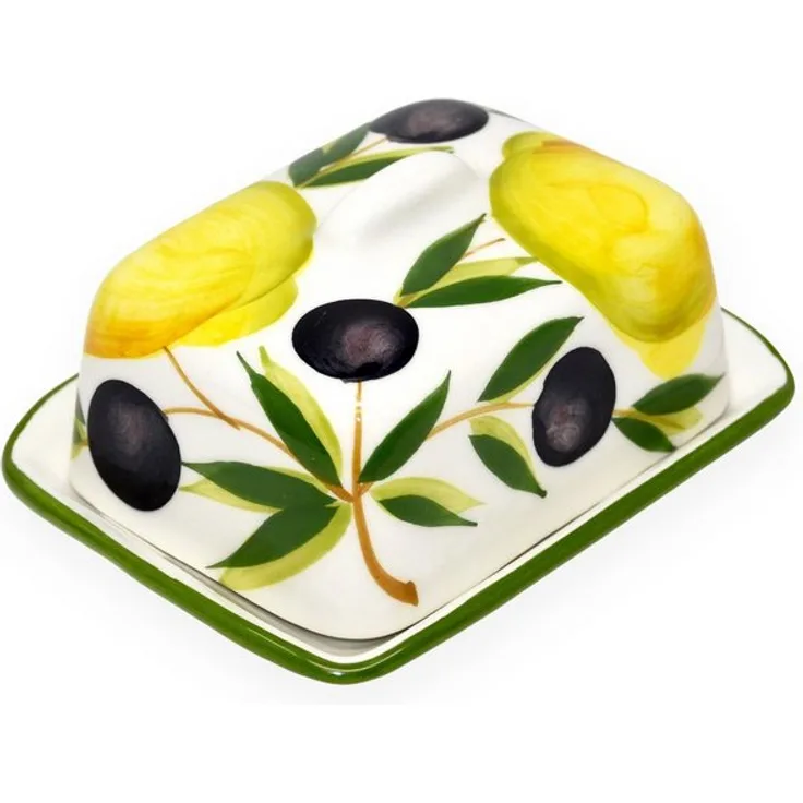 Lashuma Butterdose Zitrone Olive, Keramik, Butterschale klein, Keramik Butterbox 12x9 cm