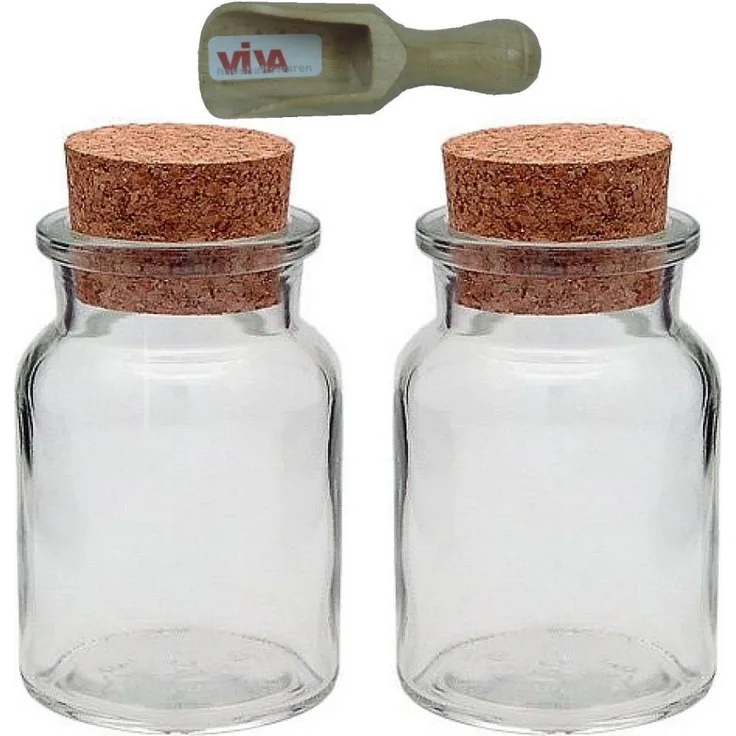 Viva Haushaltswaren 2 x Gewürzglas 150 ml, Glasdose mit Korkverschluss als Gewürzdose & Vorratsdose für Gewürze, Salz etc. verwendbar inkl. kleiner Holzschaufel 7,5 cm