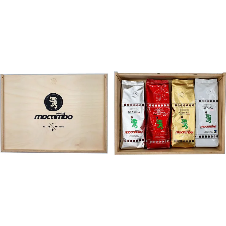 Drago Mocambo Tasting Set in Holzbox - 4x 250g Bohnen - Brasilia 250g + Gran Bar 250g + Suprema 250g + Aroma 250g