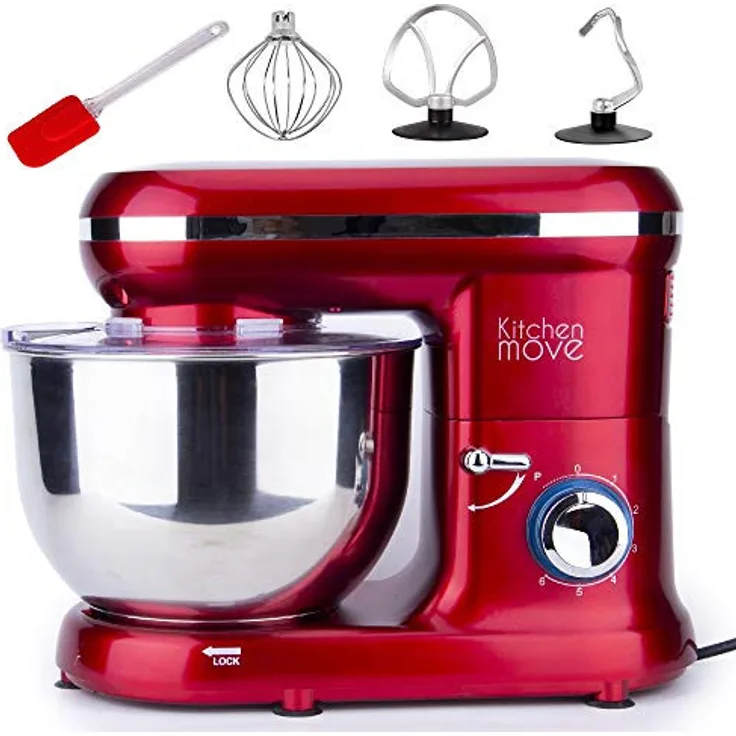 Kitchen Move Küchenmaschine, 1500W, 5,5L Edelstahlschüssel, 6 Geschwindigkeiten, Puls-Funktion, rot