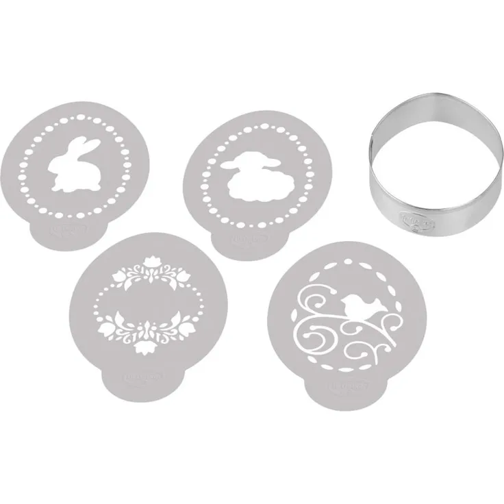 Dr. Oetker Golden Easter Osterei-Ausstecher inkl. 4 Deko-Schablonen, Plätzchenform, Plätzchen Form, Ausstechform, Weißblech - PET, Silber, 8 cm, 1879