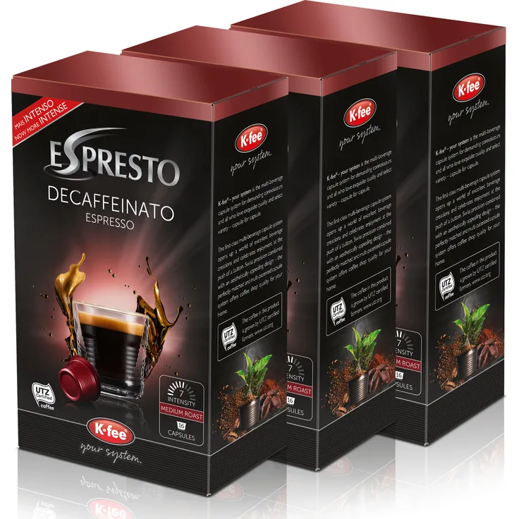 K-Fee Espresto Espresso Decaffeinato, Kaffee, koffeinfrei Arabica, Intensität 7, 3er Pack, 3x 16 Kapseln