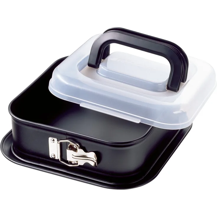 Kaiser Inspiration Springform, eckig 24 x 24 cm, Flachboden, Transporthaube, antihaftbeschichtet, auslaufsicher, klappbarer Griff