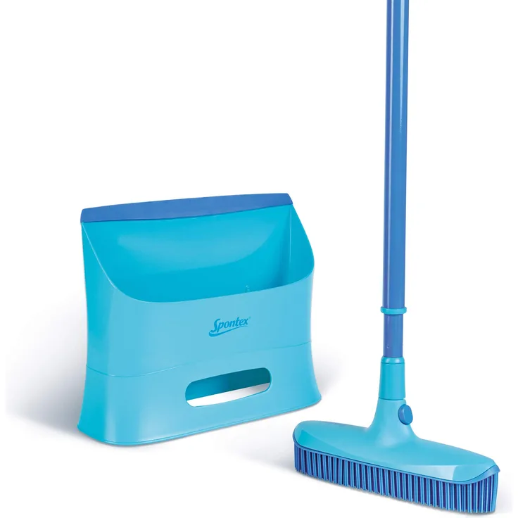 Spontex Catch & Clean, Kehrbesen mit Gummiborsten, Teleskopstiel und praktischem Auffangbehälter, hygienische und effiziente Reinigung für alle Bodenbeläge, 1 Set