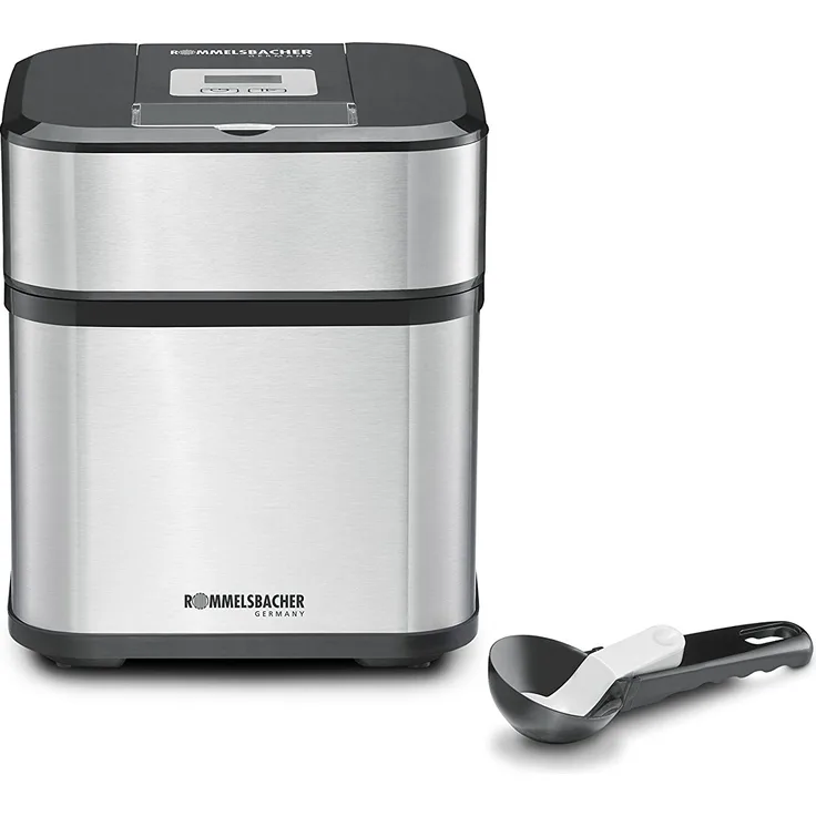 Rommelsbacher IM 12 Kurt Eismaschine 4-in-1 für Speiseeis, Frozen Yogurt, Sorbet & Slush, Füllmenge 500 ml für 1,5 Liter Eis, LCD-Anzeige, inkl. Eislöffel & Rezeptideen, Edelstahl, schwarz