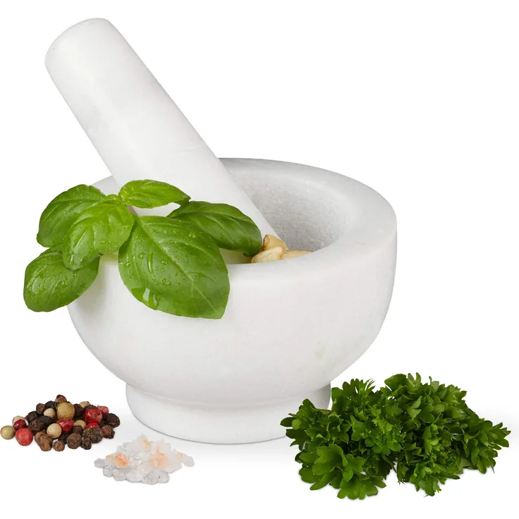 Relaxdays Marmor Mörser mit Stößel, robust & langlebig, Gewürze, Kräuter, polierter Steinmörser, Ø 10 cm, V 120 ml, weiß