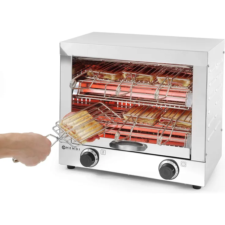 HENDI Multi-Toaster, Bräunungsstufen, Brötchenaufsatz, 2 Schichten mit 6 Toeasterzangen, 15 Minuten mechanische Zeitschaltu mit Glocke, 230V, 3000W, 438x290x(H)402mm, Edelstahl