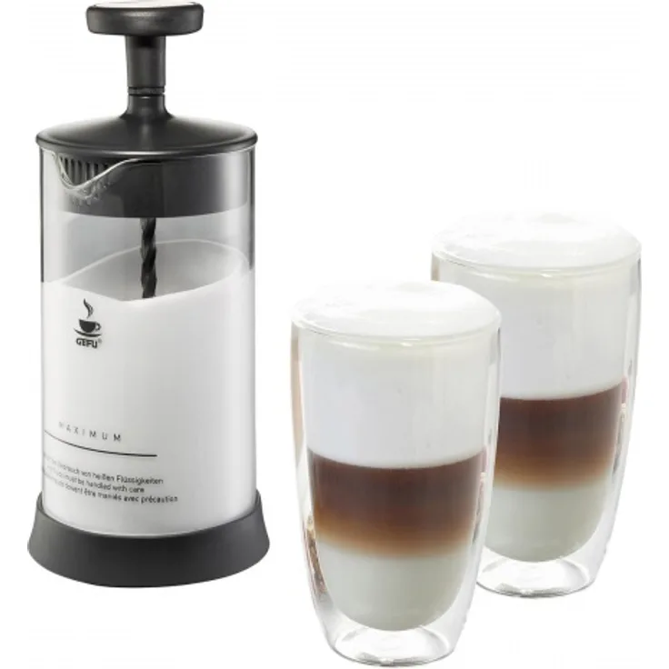 GEFU Set Milchaufschäumer mechanisch ANTONIO & 2 x Latte Macchiato Gläser 0,350L