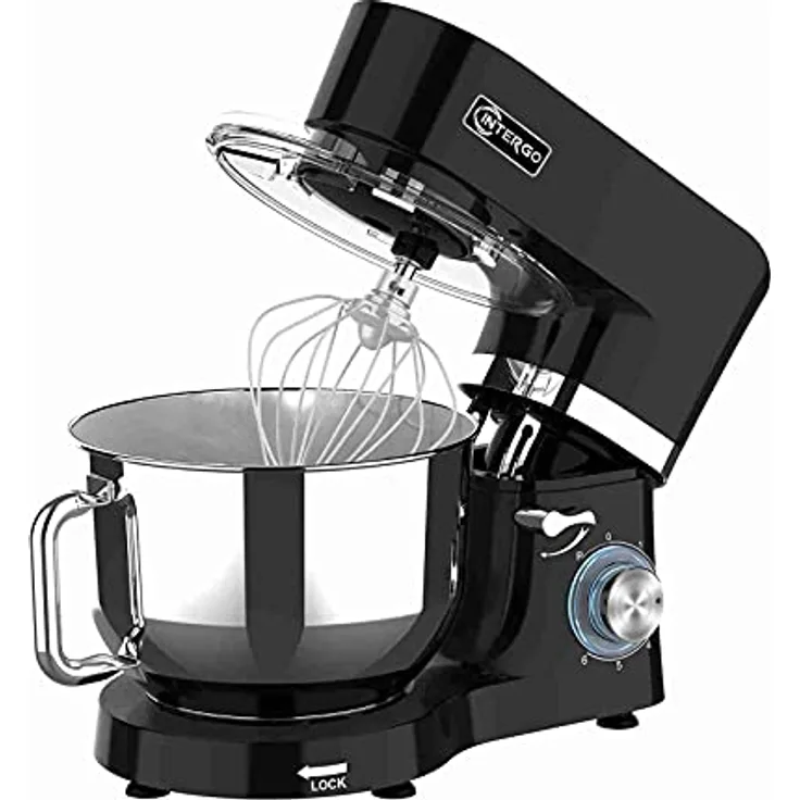 InterGo Küchenmaschine 1500W, 6,2L Edelstahlschüssel, 6 Geschwindigkeiten, Rührmaschine, inkl. Rührbesen, schwarz