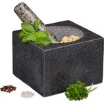 Relaxdays Mörser mit Stößel, Granit, poliert, für Gewürze & Kräuter, 500 ml, Steinmörser BxT: 14,5 x 14,5 cm, dunkelgrau