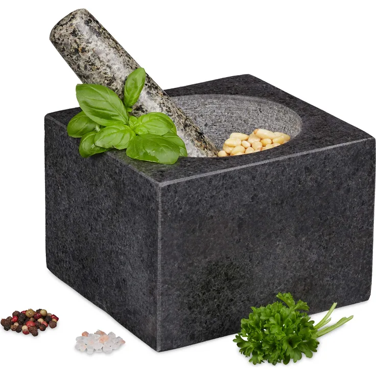 Relaxdays Mörser mit Stößel, Granit, poliert, für Gewürze & Kräuter, 500 ml, Steinmörser BxT: 14,5 x 14,5 cm, dunkelgrau