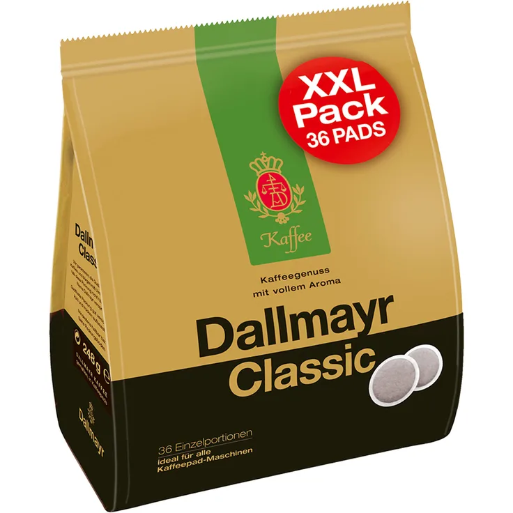 Dallmayr Classic Kaffeepads XXL, für alle Pad Maschinen, Röstkaffee, Kaffee, Sanft, 36 Pads