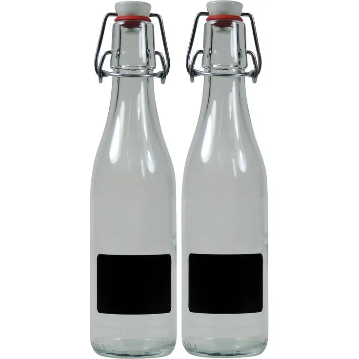 Viva Haushaltswaren 2 x kleine Glasflasche 330 ml leer mit Bügelverschluss aus Porzellan zum Befüllen, als transparente Saftflasche und Ölflasche verwendbar (inkl. 2 Beschriftungsetiketten)