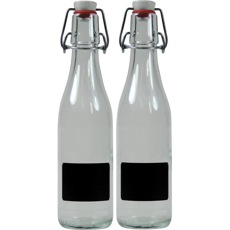 Viva Haushaltswaren 2 x kleine Glasflasche 330 ml leer mit Bügelverschluss aus Porzellan zum Befüllen, als transparente Saftflasche und Ölflasche verwendbar (inkl. 2 Beschriftungsetiketten) – Bild 1